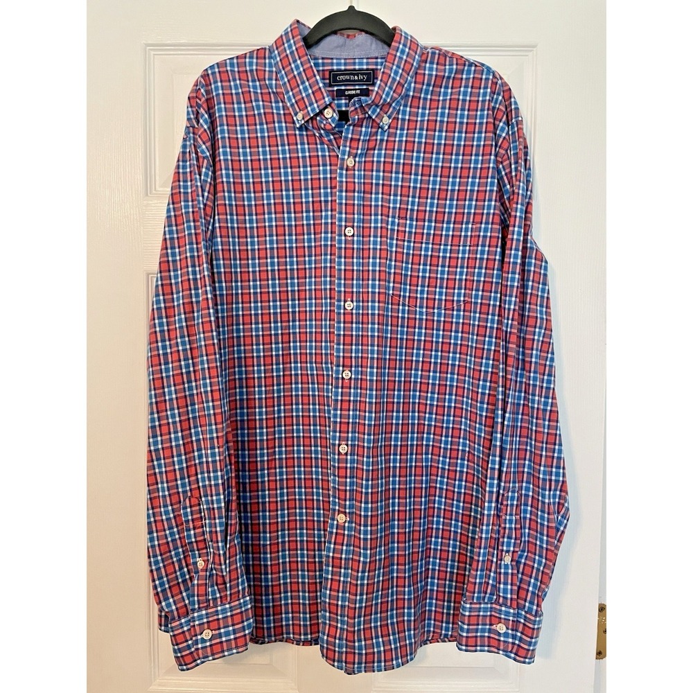 Crown and ivy men's shirt classic fit XL button down long sleeve navy plaid
